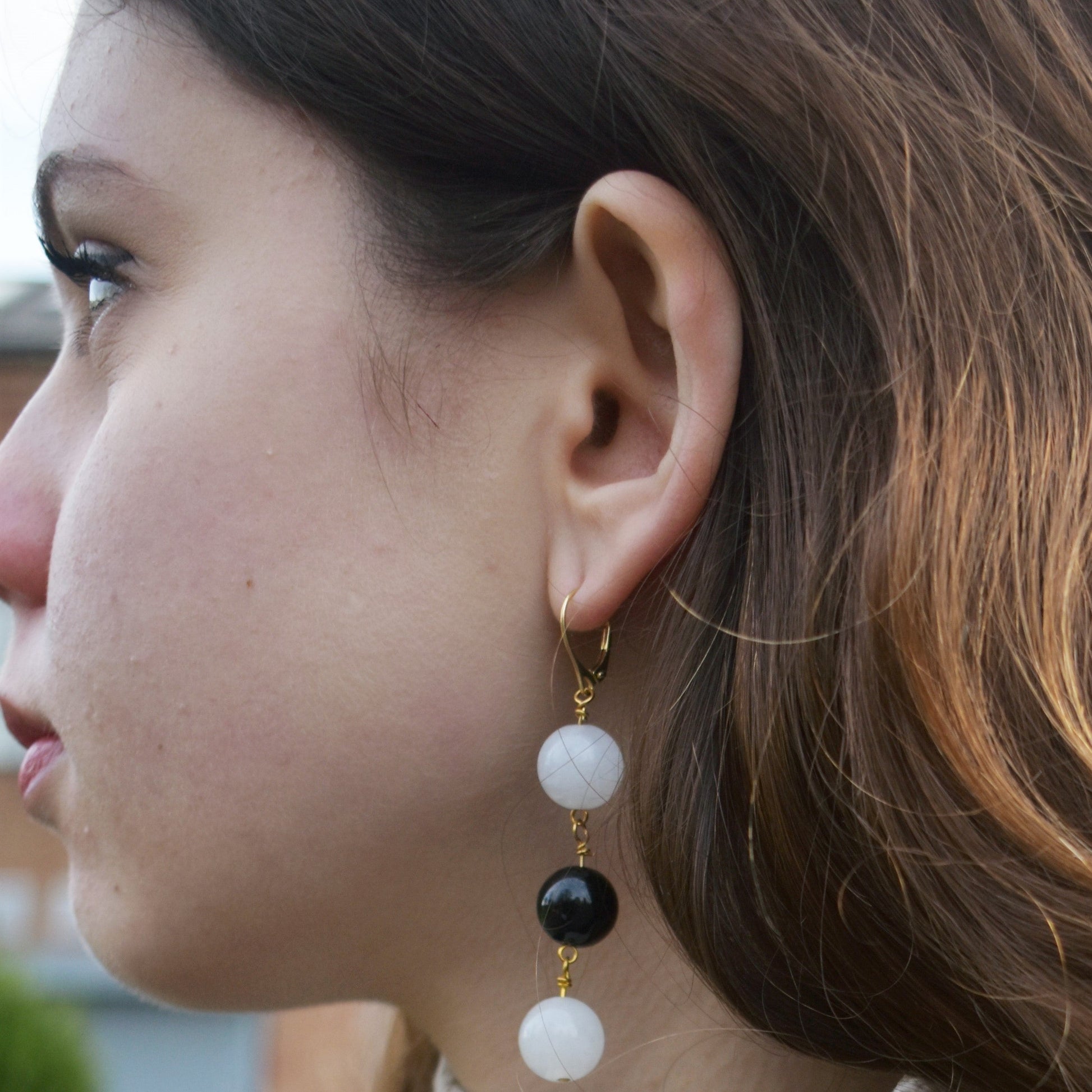 White Agate and Black Onyx Yellow Gold Vermeil, 9k or 18k Gold Earrings, Bold and Beautiful Statement Jewelry, Gold Vermeil Earrings, Bloom Collection | by nlanlaVictory-1