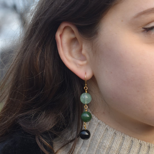 Green Quartz, Green Agate and Black Onyx Yellow Gold vermeil, 9k or 18k Gold Vermeil Earrings, Bloom Collection | by nlanlaVictory-2