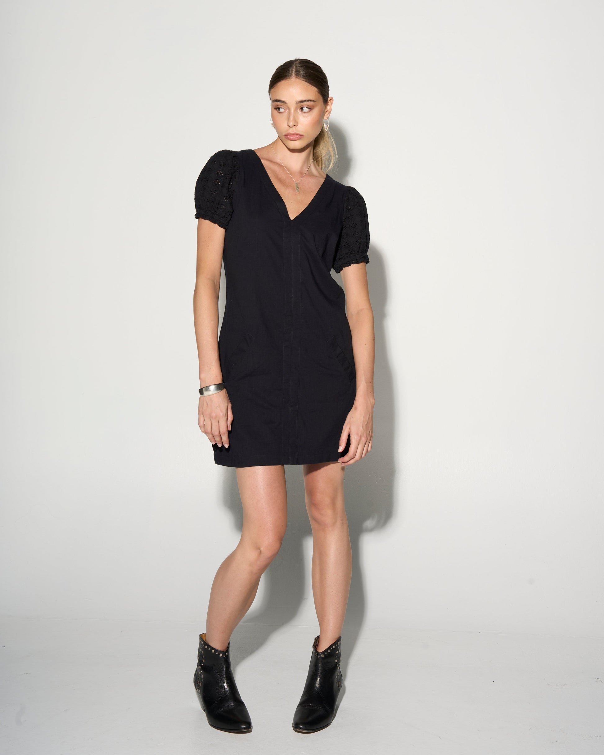 INES Black Shift Dress with Puff Shoulders-2