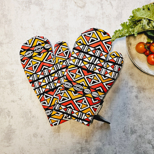 Set of 2 Oven Gloves Handmade "Mudcloth" Bogolan Print Inspired African Print-0