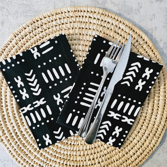 Set of 4 / 8 Napkins | 35x35cm | Black Mudcloth Print, Ankara Wax, 100% Cotton-0