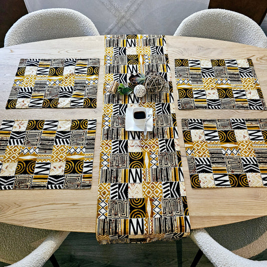 Handmade Table Runner and Set of 8 Placemats | African Print "Mudcloth" Bogolan Inspired Print Made from 100% African Print Fabric-0