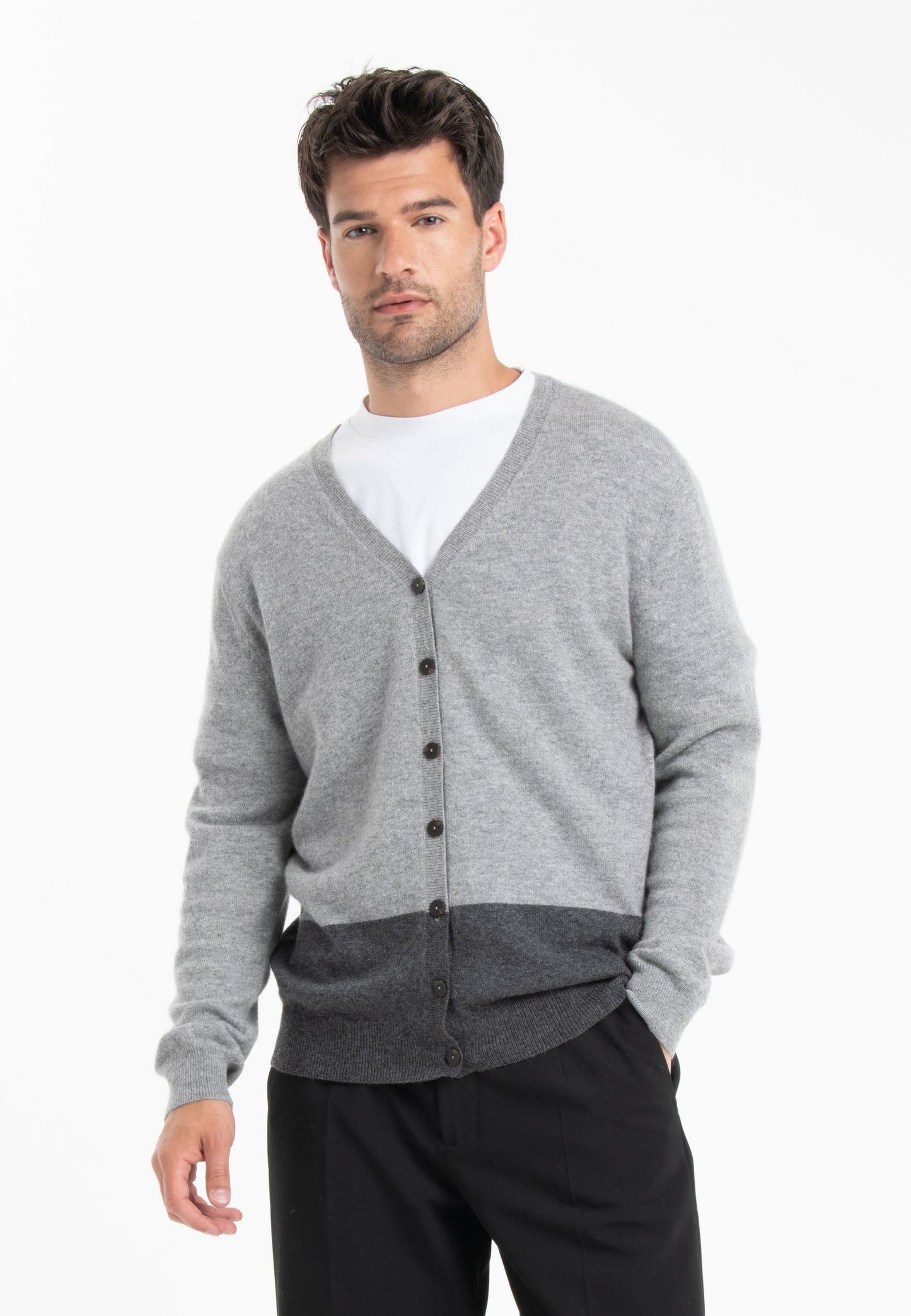 GABI 6 Cardigan col V bicolore en cachemire gris-0