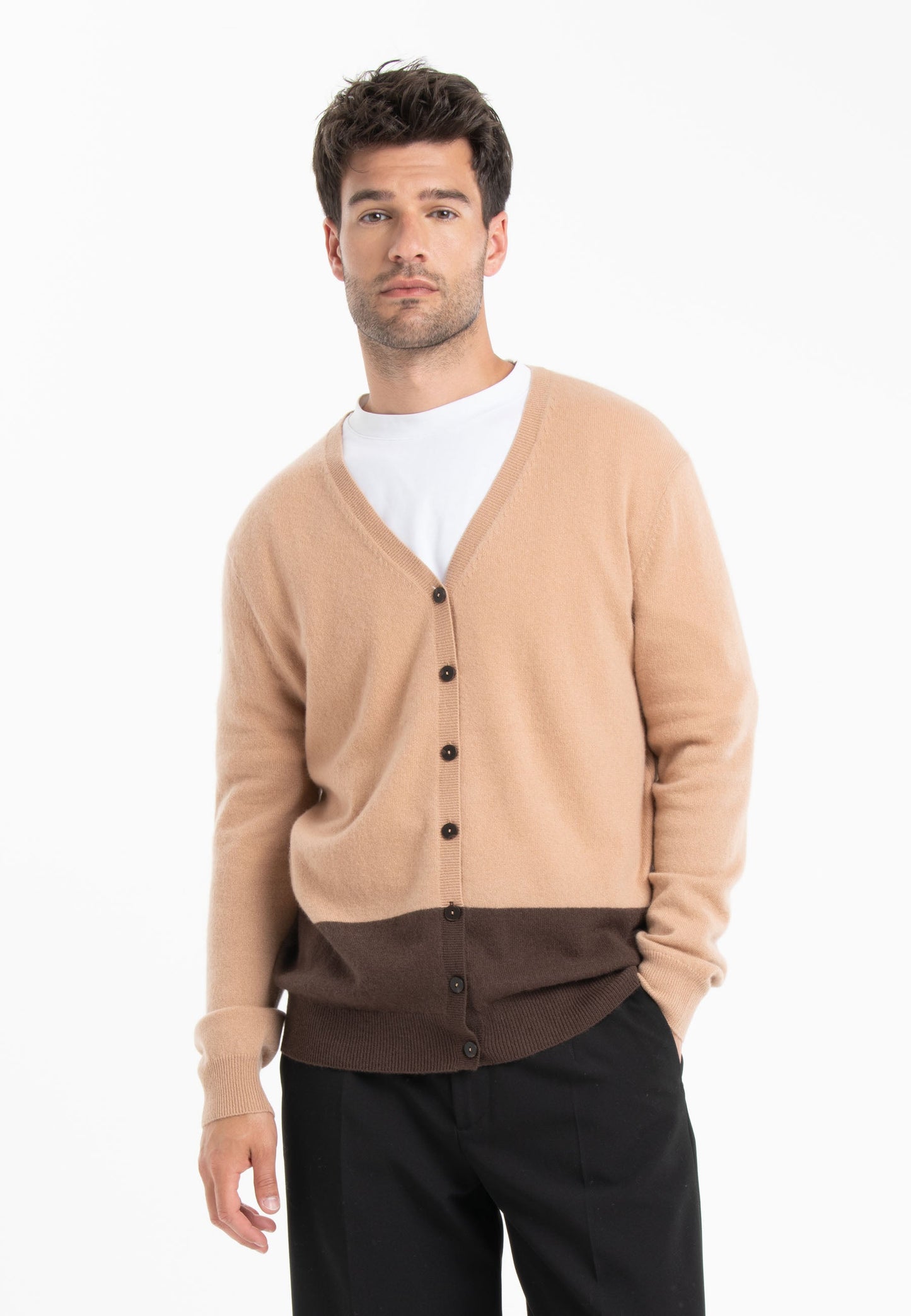 GABI 6 Cardigan col V bicolore en cachemire marron/camel-0