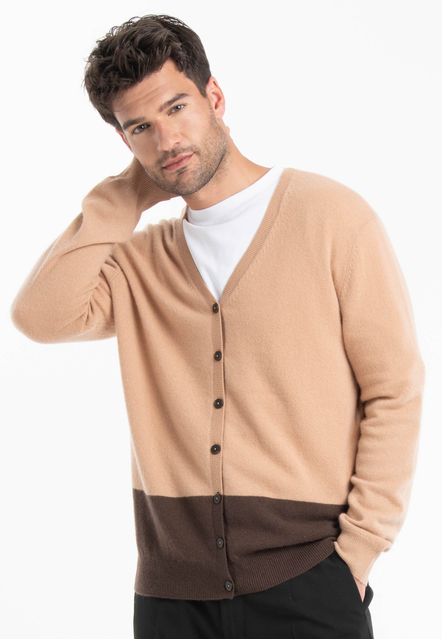 GABI 6 Cardigan col V bicolore en cachemire marron/camel-3