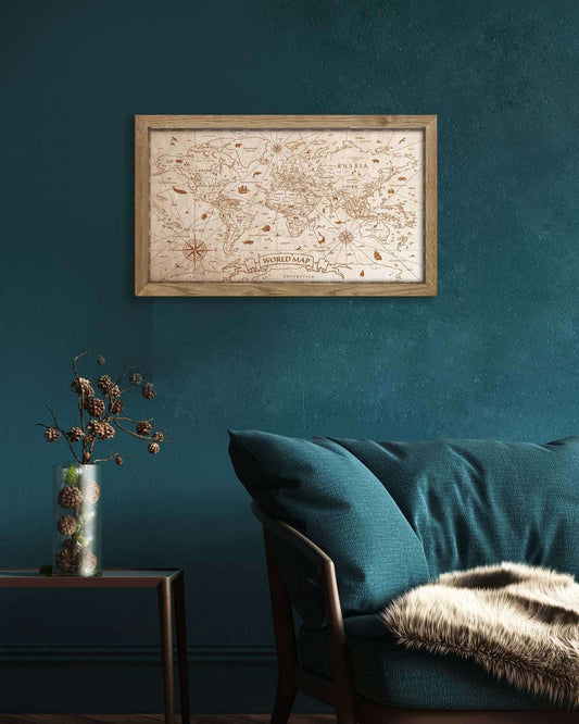 Wooden World Map Vintage, in an oak frame-3