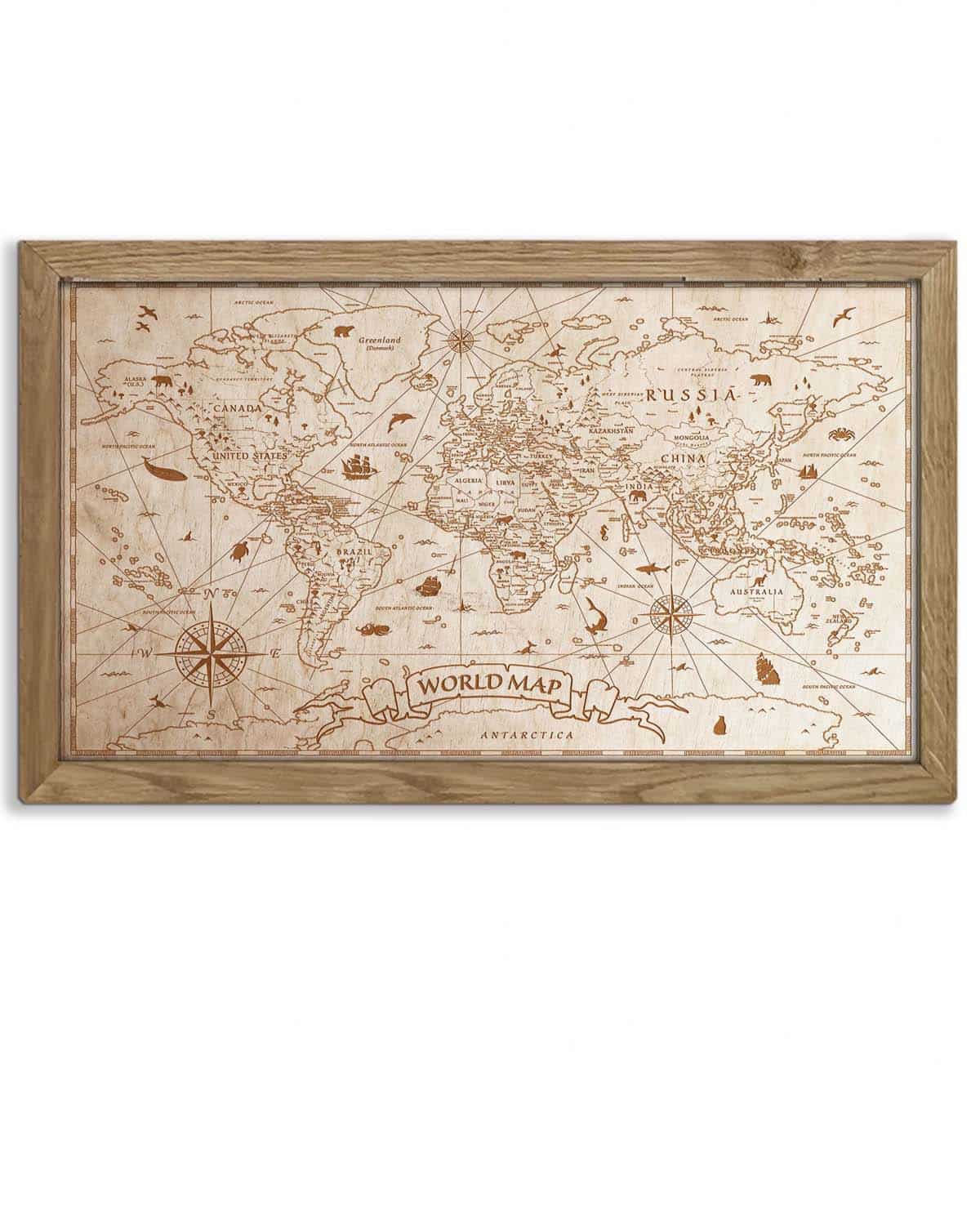 Wooden World Map Vintage, in an oak frame-0