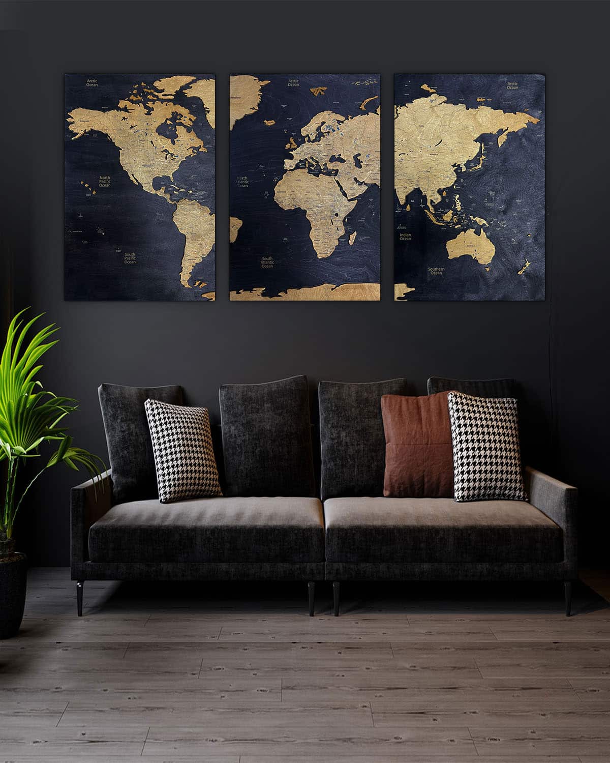 Premium Wood World Map Triptych-0