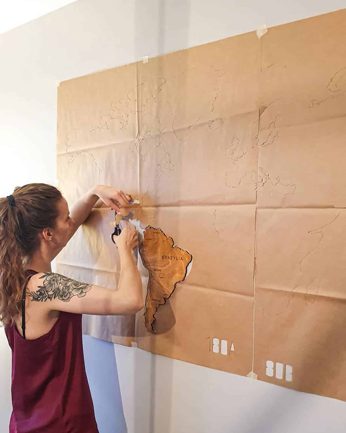 Wooden world map installation